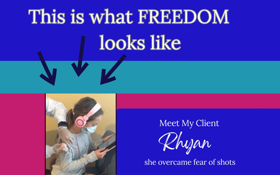 Promotional graphic celebrating a person named rhyan for overcoming a fear of injections, symbolizing personal freedom.