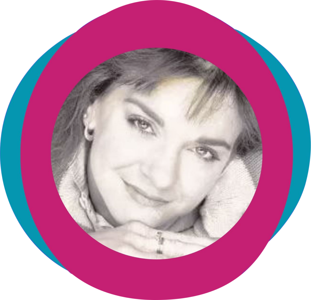 A woman's portrait centered within a circular frame with pink and blue concentric borders.