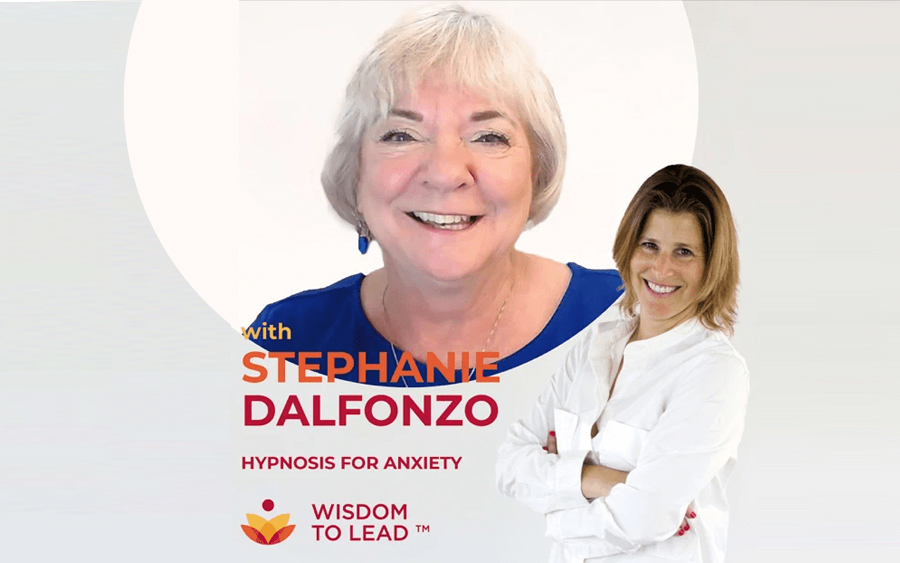 Two women smiling with text overlay mentioning stephanie dalfonzo and hypnosis for anxiety.