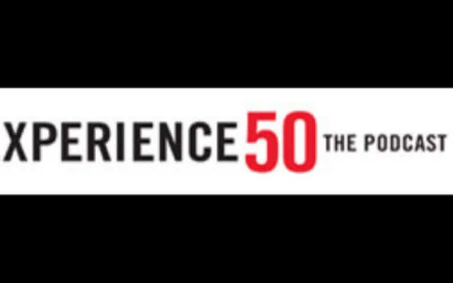 Logo of "experience 50 - the podcast" on a black and red background.