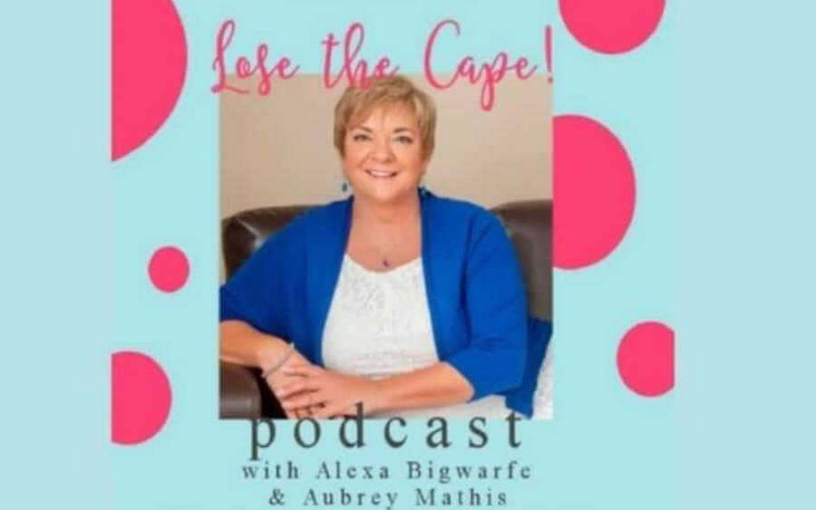 Woman smiling for a promotional image of the "lose the cape!" podcast featuring alexa bigwarfe and aubrey mathis.