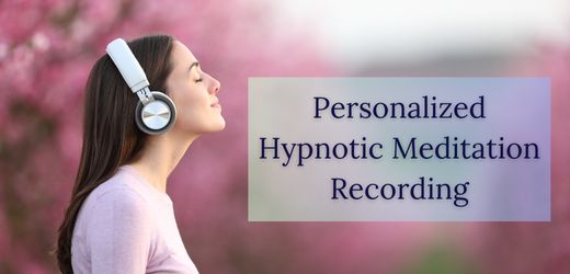Woman with headphones enjoys a tranquil moment with text indicating a personalized hypnotic meditation recording.