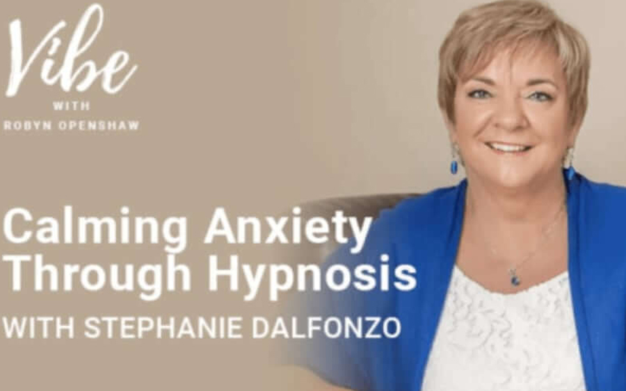 Promotional graphic for a discussion on calming anxiety through hypnosis, featuring speaker stephanie dalfonzo.