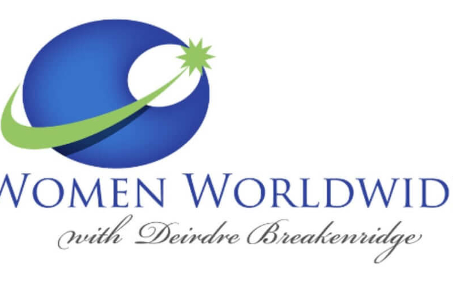 Logo of "women worldwide with deirdre breakenridge," featuring an abstract blue globe with a green swoosh and a star.