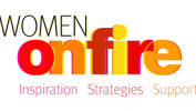 A colorful logo with the words "women onfire" in uppercase letters, accompanied by the tagline "inspiration strategies support" in lowercase.